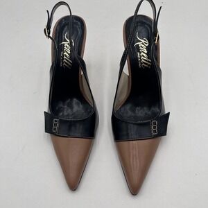 Renetti Tan Black Leather Slingback Pointed Toe Heels Women's Size 6.5 M Spain